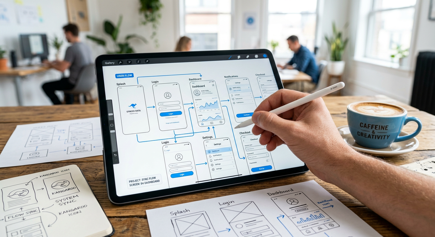 Team collaborating over sketches and strategy notes.